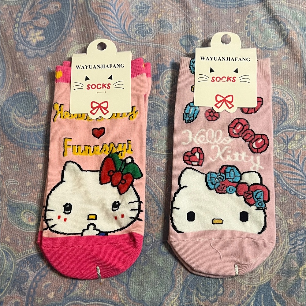 Wayuanjiafang Hello Kitty Ankle Socks 2 Pair Set Pink Kawaii Sanrio Character